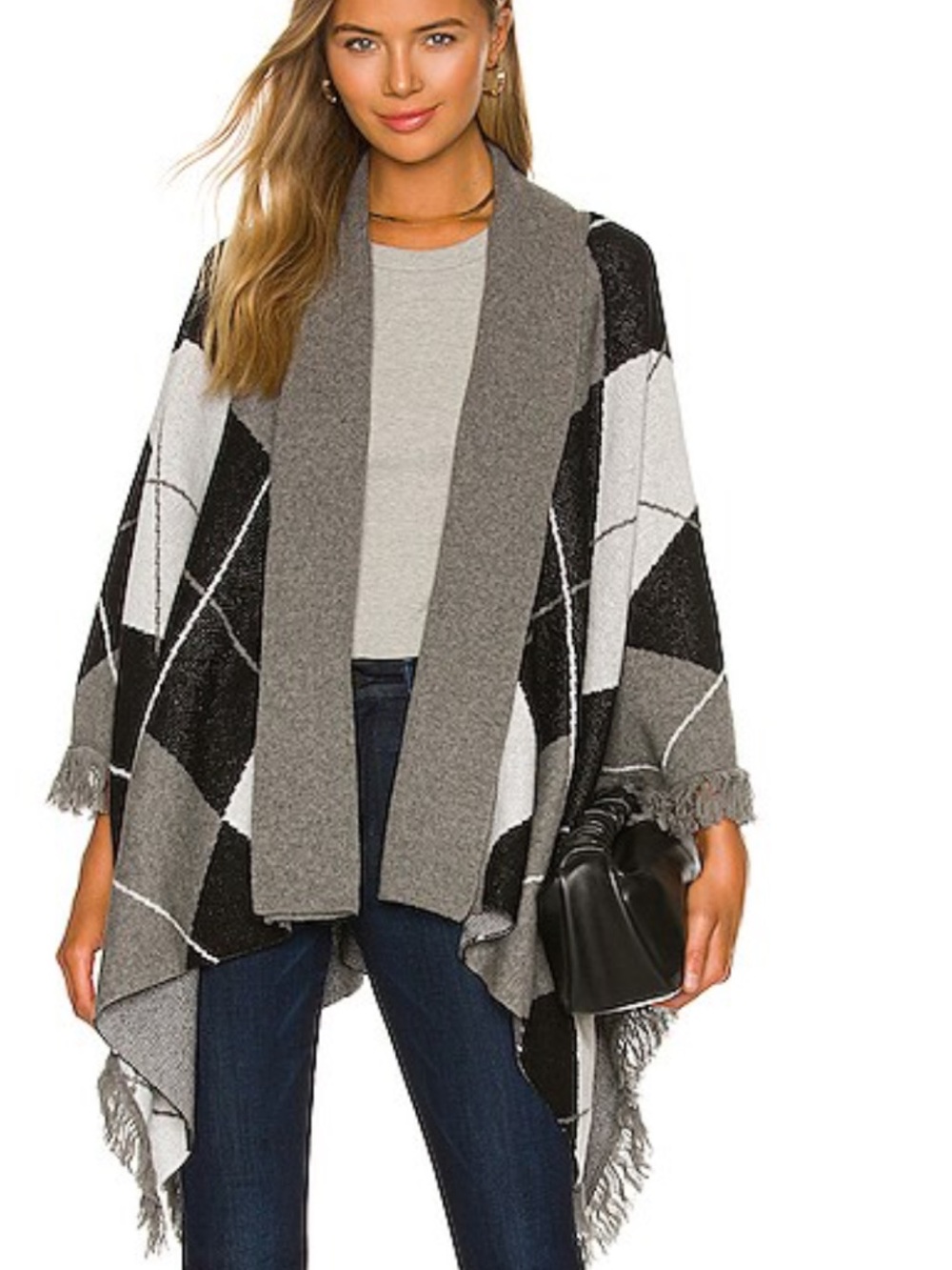 L'AGENCE Jaclyn Black Gray Argyle Wool Blend Shawl Collar Wrap with Fringe M/L